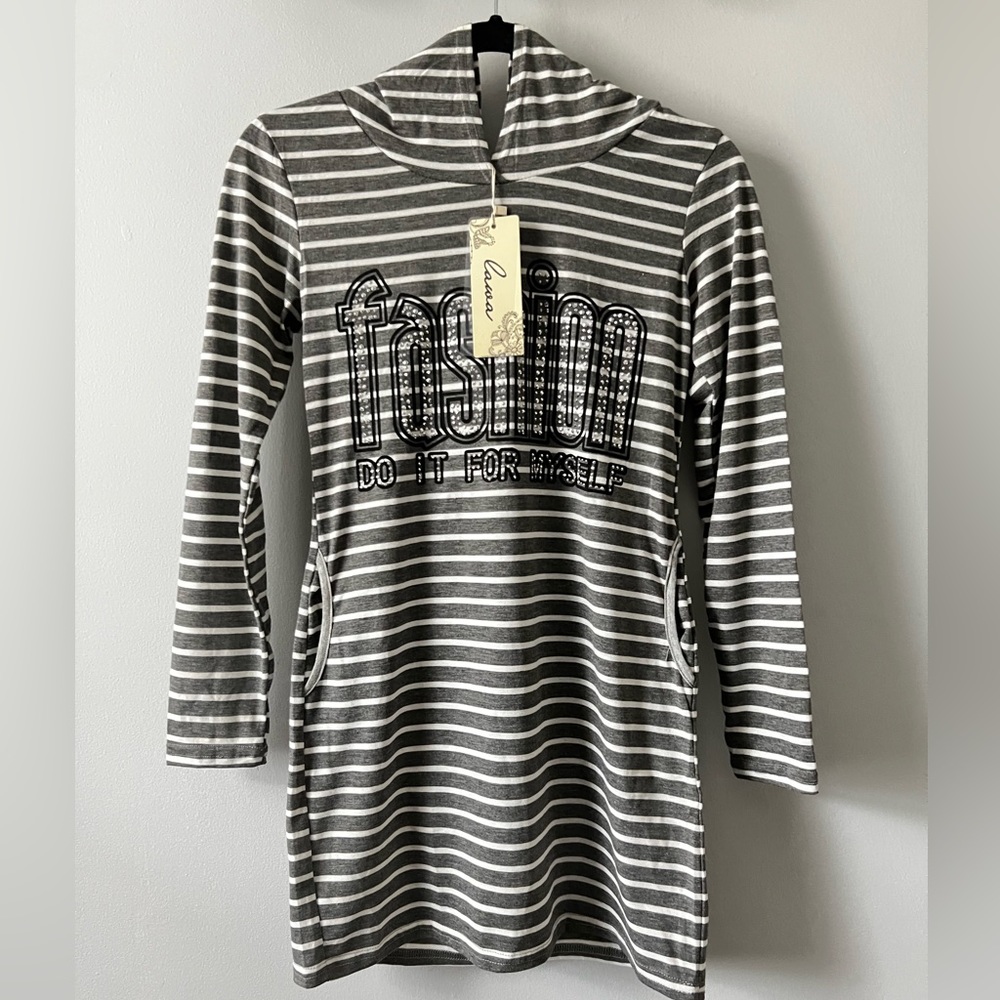Lawa Women’s Striped Long Sleeve Hooded Super Mini Dress with Pockets NWT - Picture 4 of 13